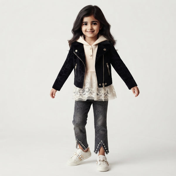 Girls 3-Piece Jacket Hoodie Denim Stretchable Pants Set — Photo 2