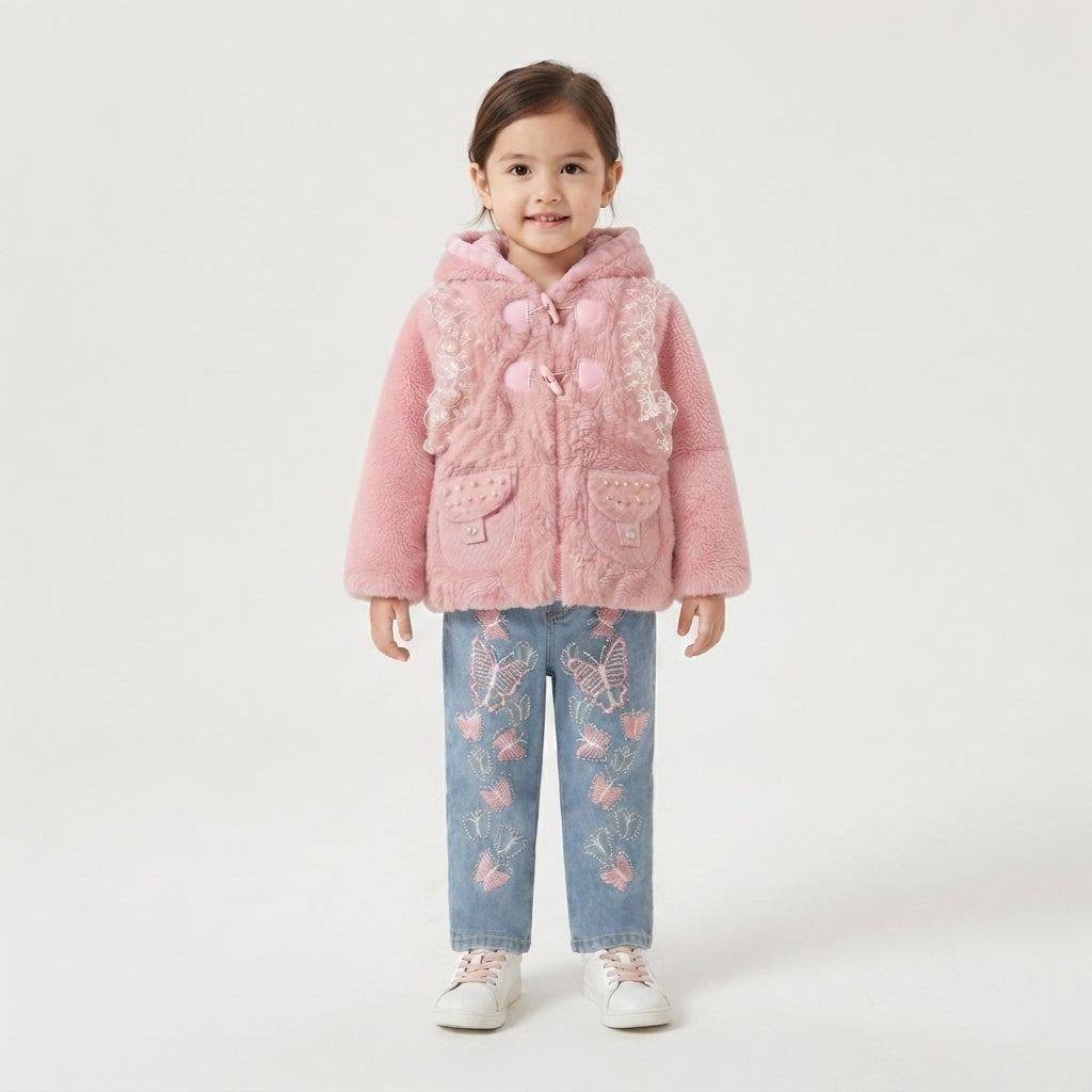 Little Girl in Pink Faux Fur Hooded Coat and Butterfly Embroidered Jeans