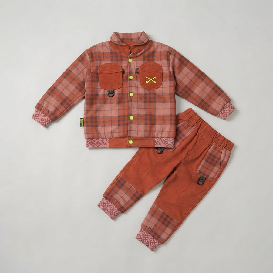 Orange Plaid Checked Tracksuit Set For Boys