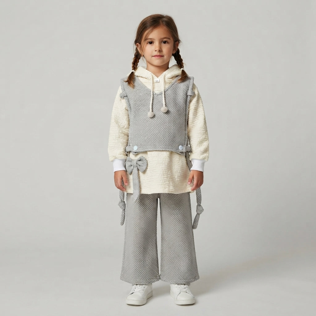 Girls Grey & Cream Layered Bow Outfit