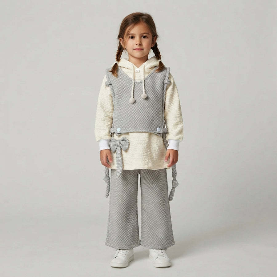 Girls Grey & Cream Layered Bow Outfit