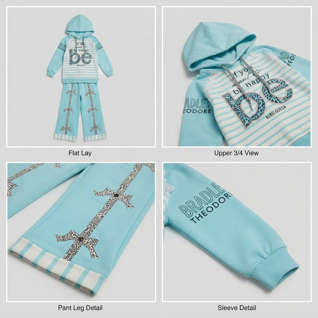 Girls Sky Blue Be Happy Hoodie Set — Photo 3