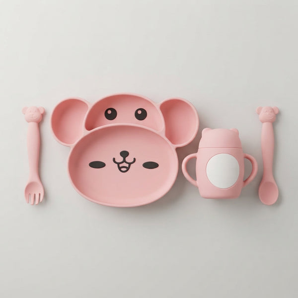 Cute Pink Bear Silicone Baby Feeding Set