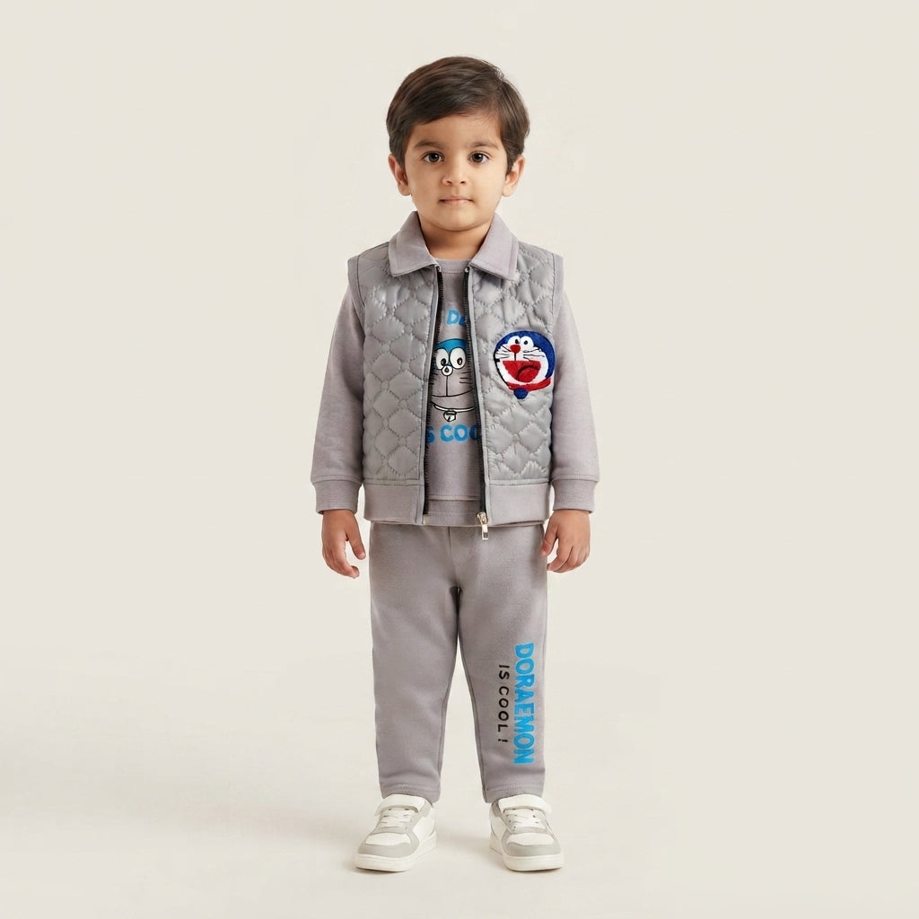Premium Grey 3-Piece Winter Suit for Boys | Velvet Jacket, Fleece Trouser & Inner