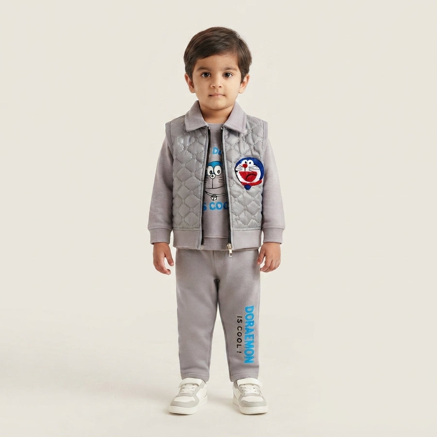 Premium Grey 3-Piece Winter Suit for Boys | Velvet Jacket, Fleece Trouser & Inner