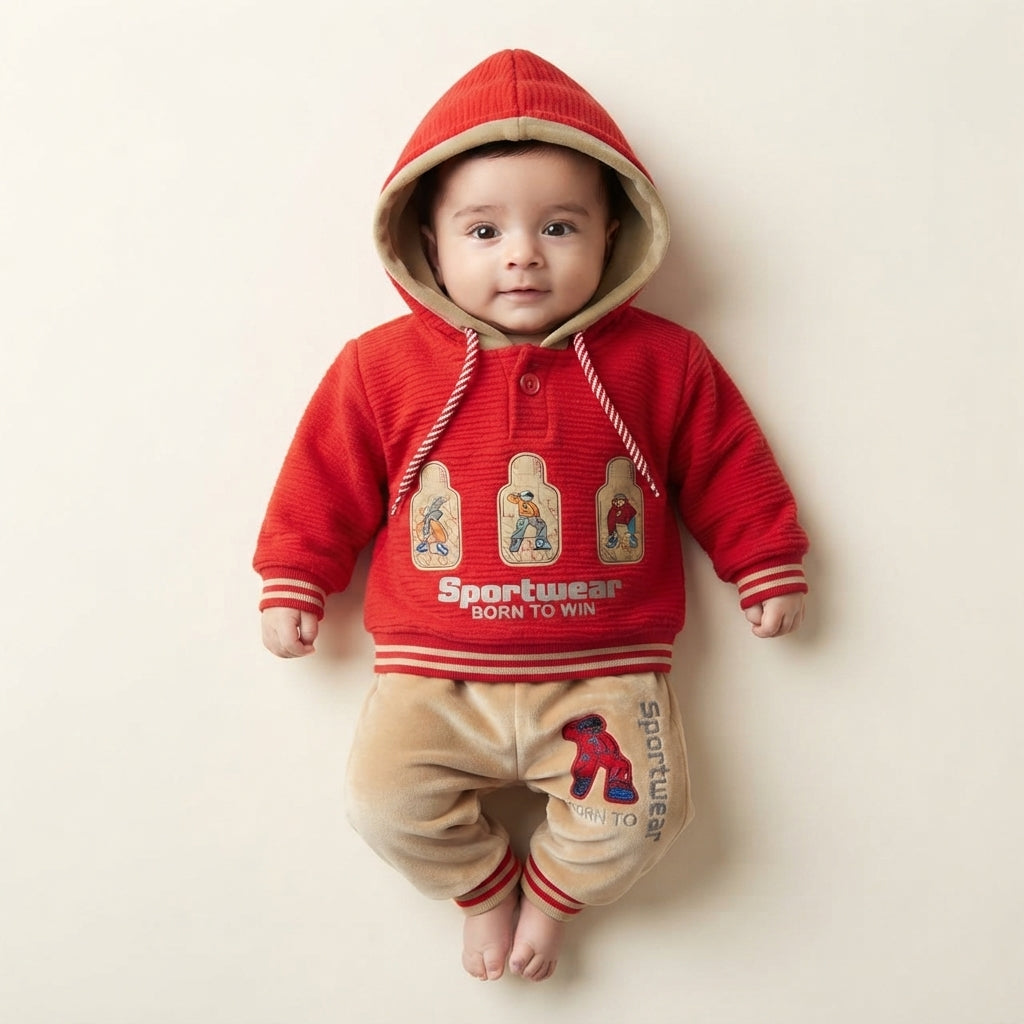 Premium Baby Boy Hooded Two-Piece Suit – Red & Khaki Winter Sweatshirt and Jogger Set with Sportswear Graphic (0–3 Months)
