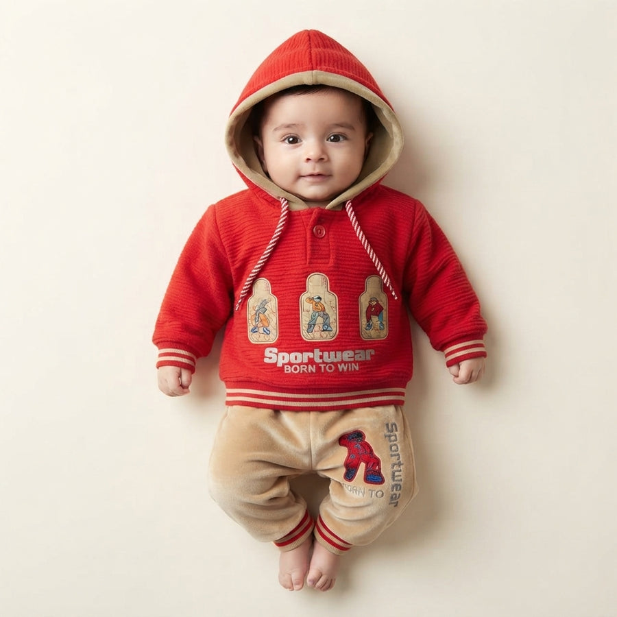 Premium Baby Boy Hooded Two-Piece Suit – Red & Khaki Winter Sweatshirt and Jogger Set with Sportswear Graphic (0–3 Months)