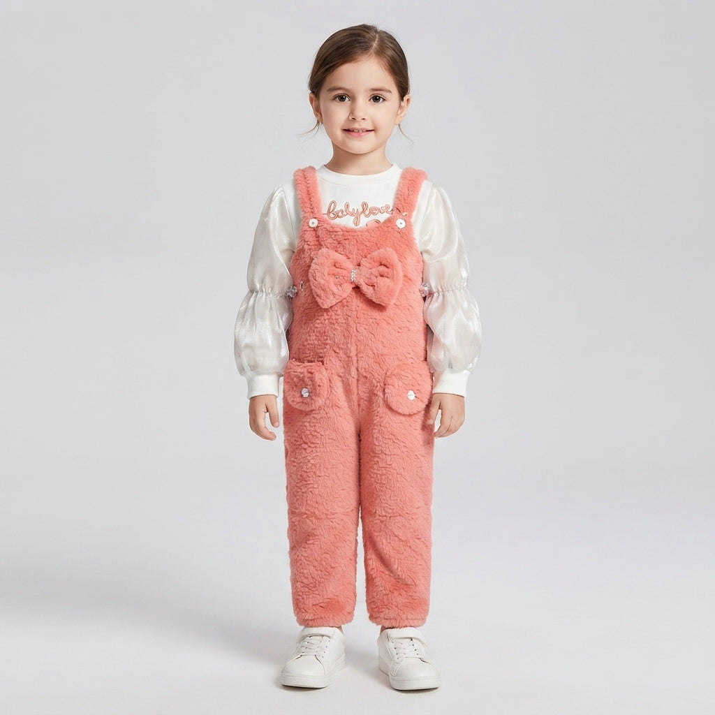 Girls Winter Faux Fur Jumpsuit and Blouse Outfit