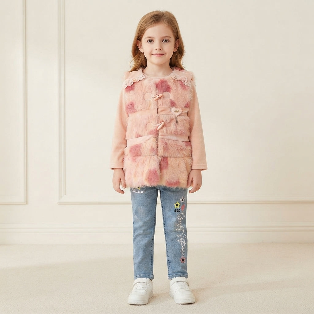 Pink Faux Fur Vest & Embroidered Jeans 3-Piece Outfit for Girls