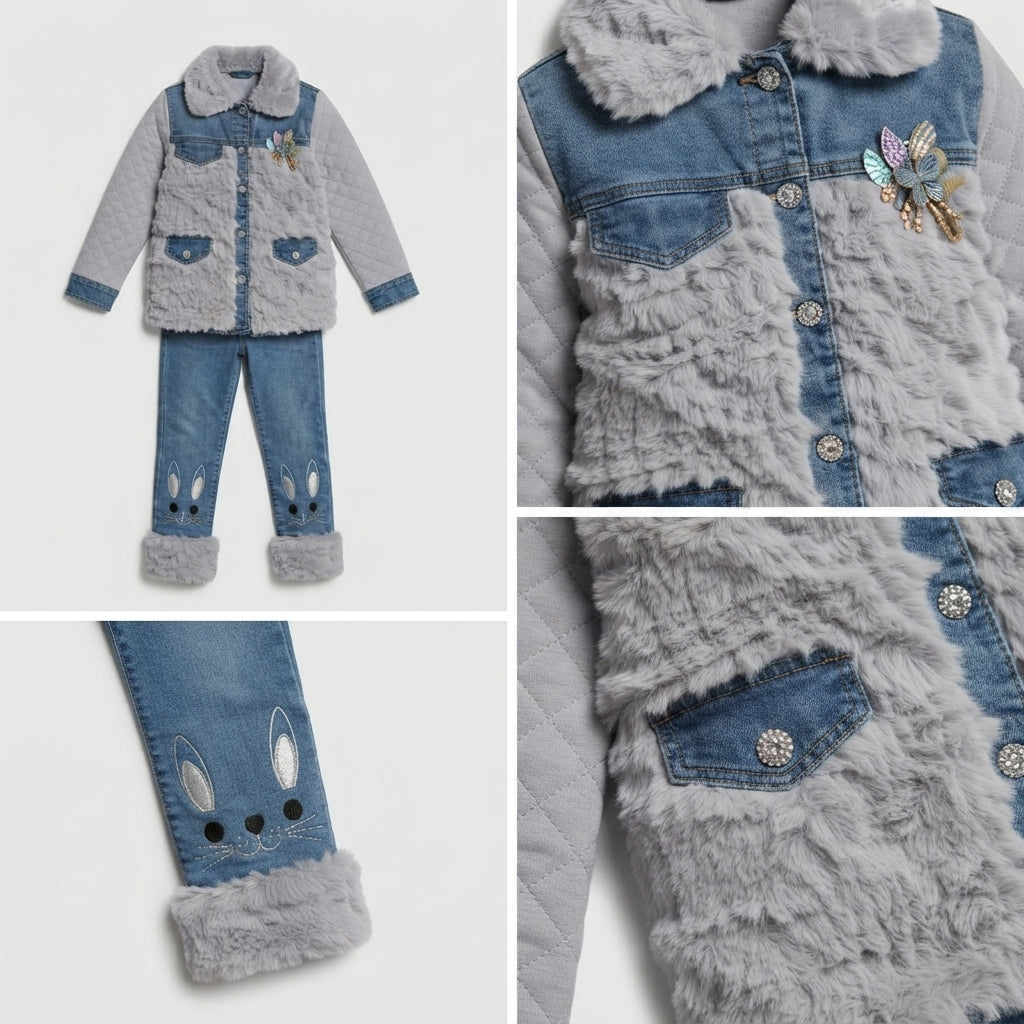 Girls Grey Quilted Denim Jacket Set — Photo 2