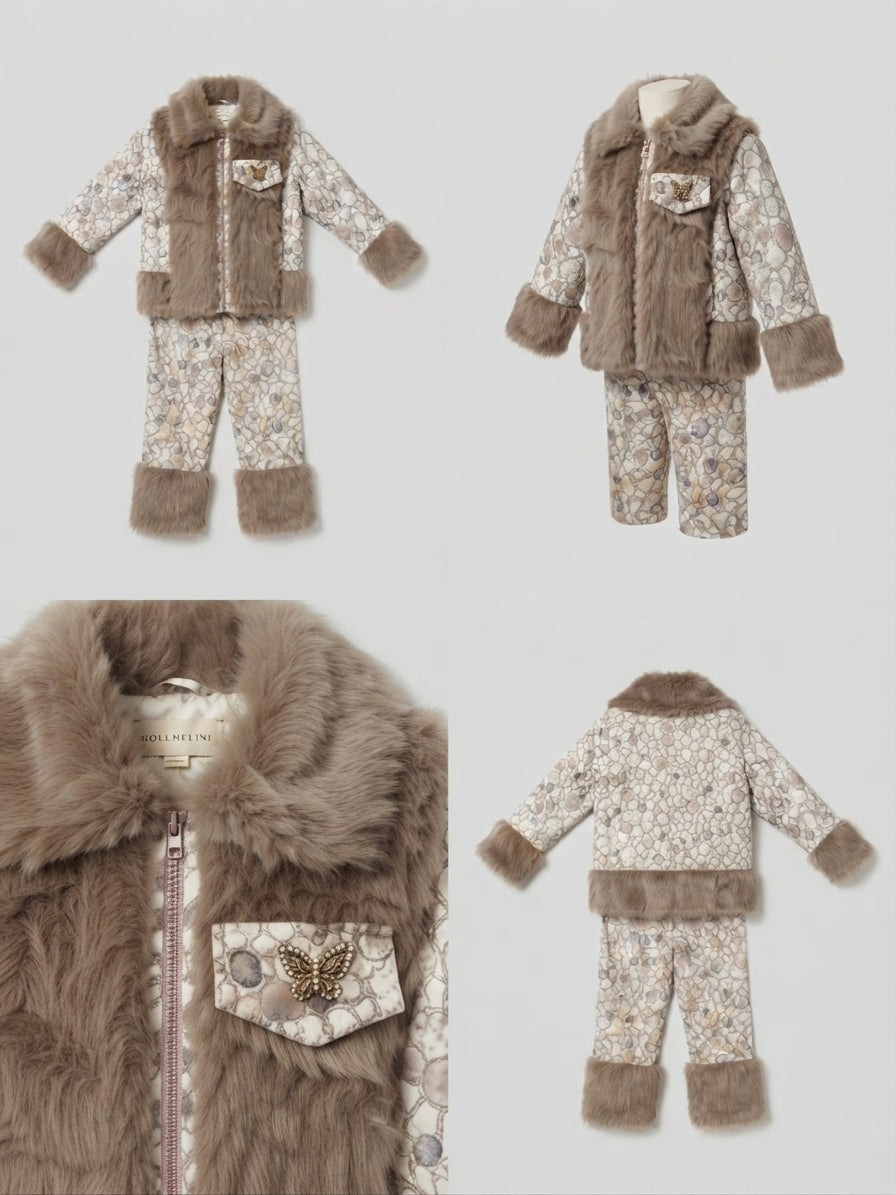 Brown Stone-Print Zip-Front Kids Jacket with Faux-Fur — Photo 2