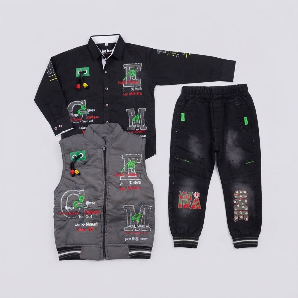 Boys Grey Puffer Vest, Black Shirt & Denim Jeans Winter Set