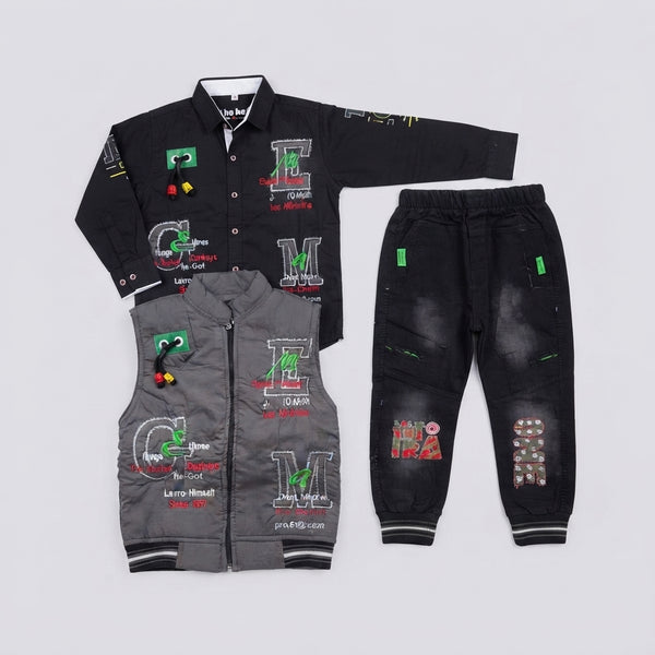 Boys Grey Puffer Vest, Black Shirt & Denim Jeans Winter Set