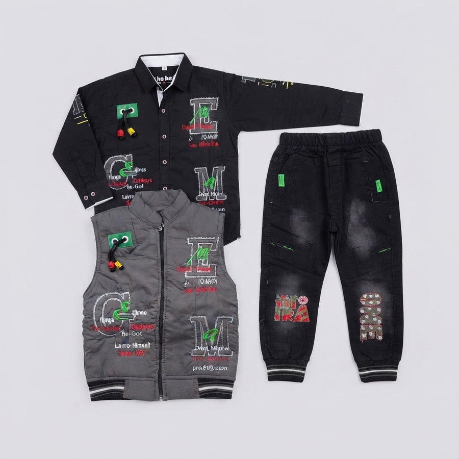 Boys Grey Puffer Vest, Black Shirt & Denim Jeans Winter Set