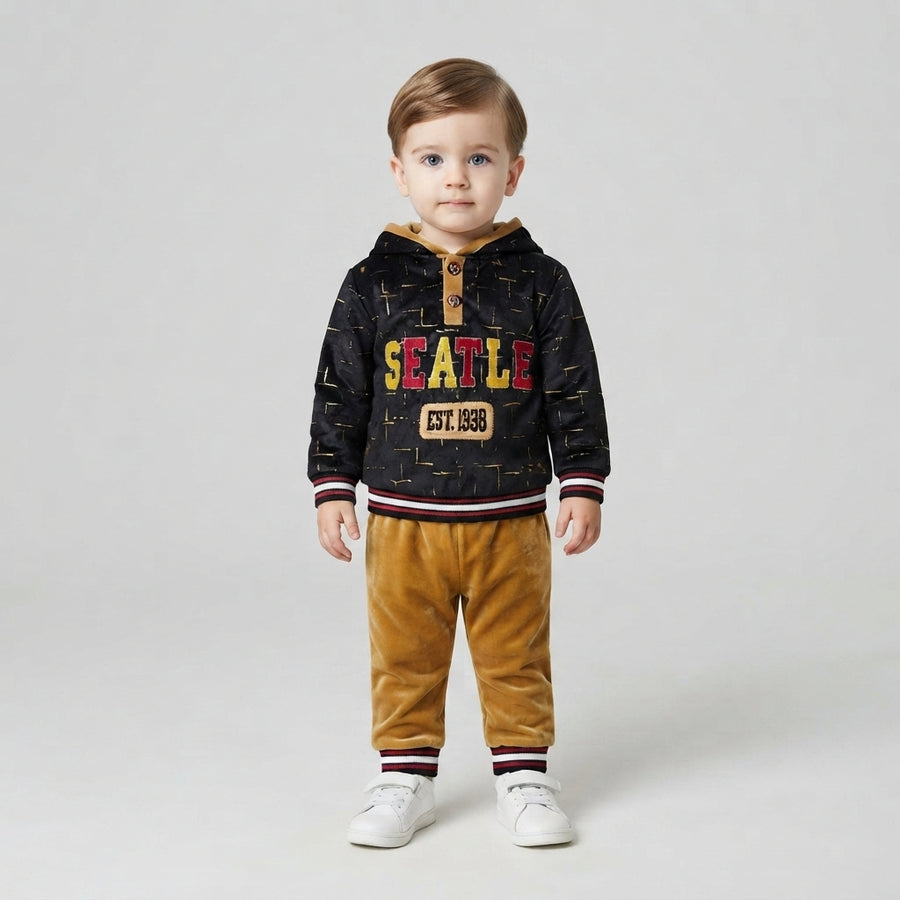 Boys Black & Gold "Seattle" Velvet Hoodie and Track Pant Set