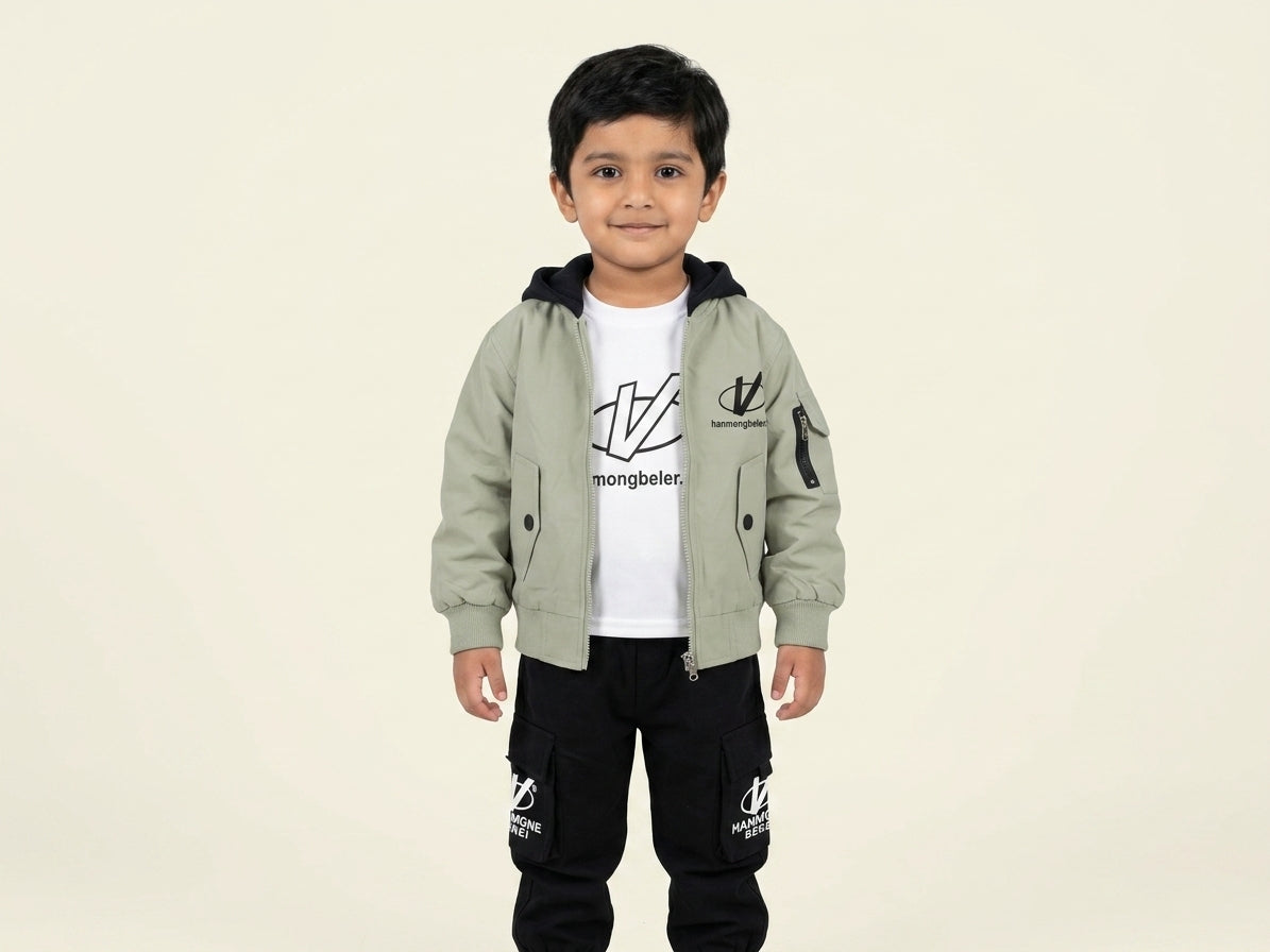 Little Boy in Sage Green Hooded Bomber Jacket, White T-Shirt, and Black Cargo Pants Main image