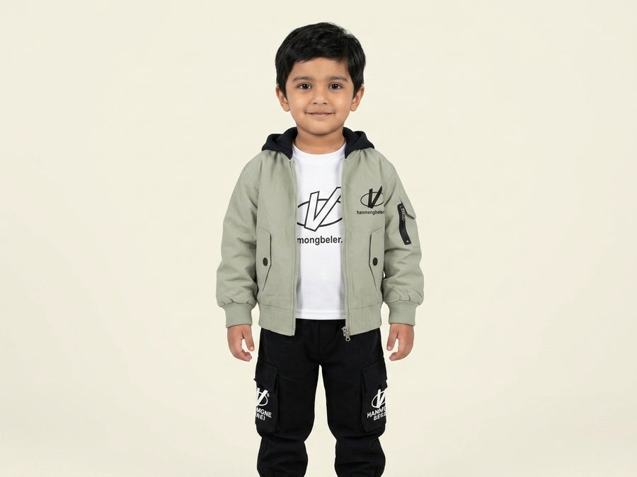 Little Boy in Sage Green Hooded Bomber Jacket, White T-Shirt, and Black Cargo Pants