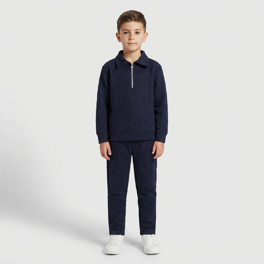 Boys Navy Embossed Half-Zip Tracksuit | Iqra Garments