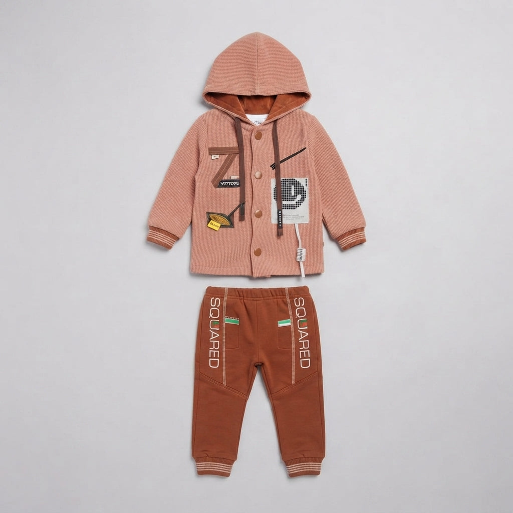 Boys Dusty Peach Hooded Jacket and Brown Pants Outfit Set