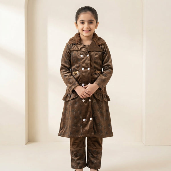 Elegant Floral Print Velvet Coat and Trouser Set  Luxury Winter Wear for Girls