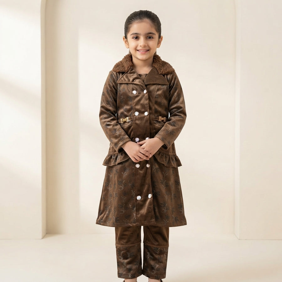 Elegant Floral Print Velvet Coat and Trouser Set  Luxury Winter Wear for Girls