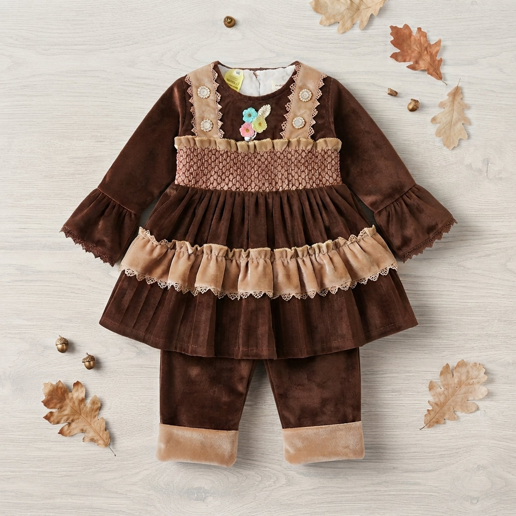 Baby Girls Brown and Beige Velvet Winter Outfit 2 Piece Set
