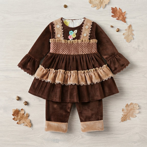 Baby Girls Brown and Beige Velvet Winter Outfit 2 Piece Set