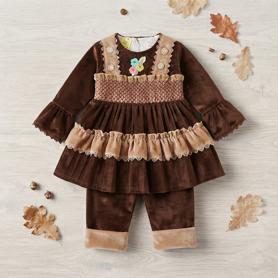 Baby Girls Brown and Beige Velvet Winter Outfit 2 Piece Set