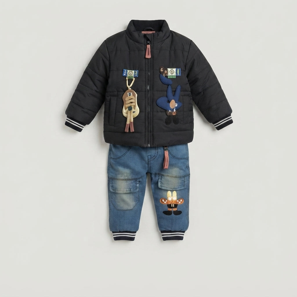 Boys Black Quilted Jacket & Denim Cargo Set