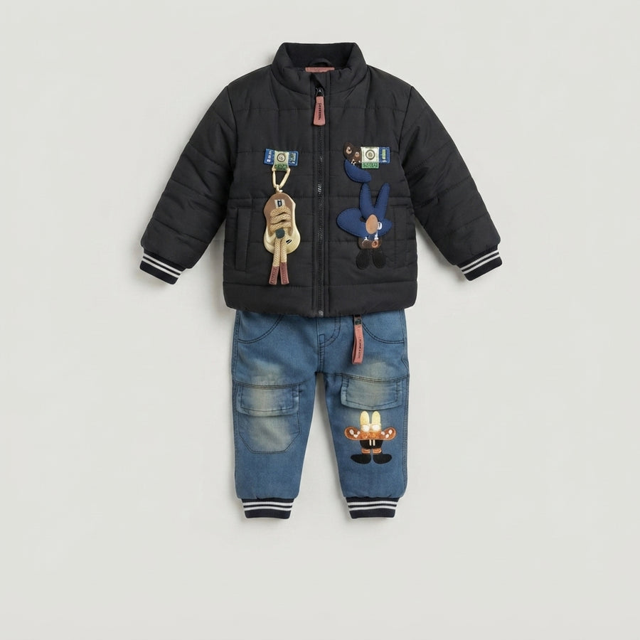 Boys Black Quilted Jacket & Denim Cargo Set