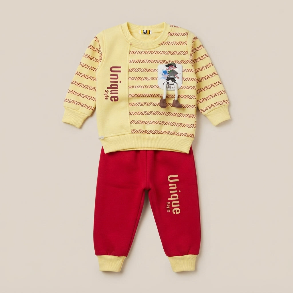 Kids Yellow Graphic Sweatshirt Red Jogger Set with Pocket