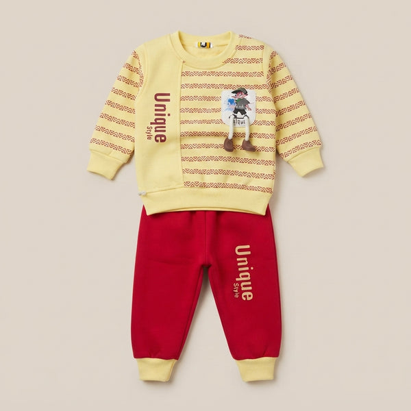 Kids Yellow Graphic Sweatshirt Red Jogger Set with Pocket