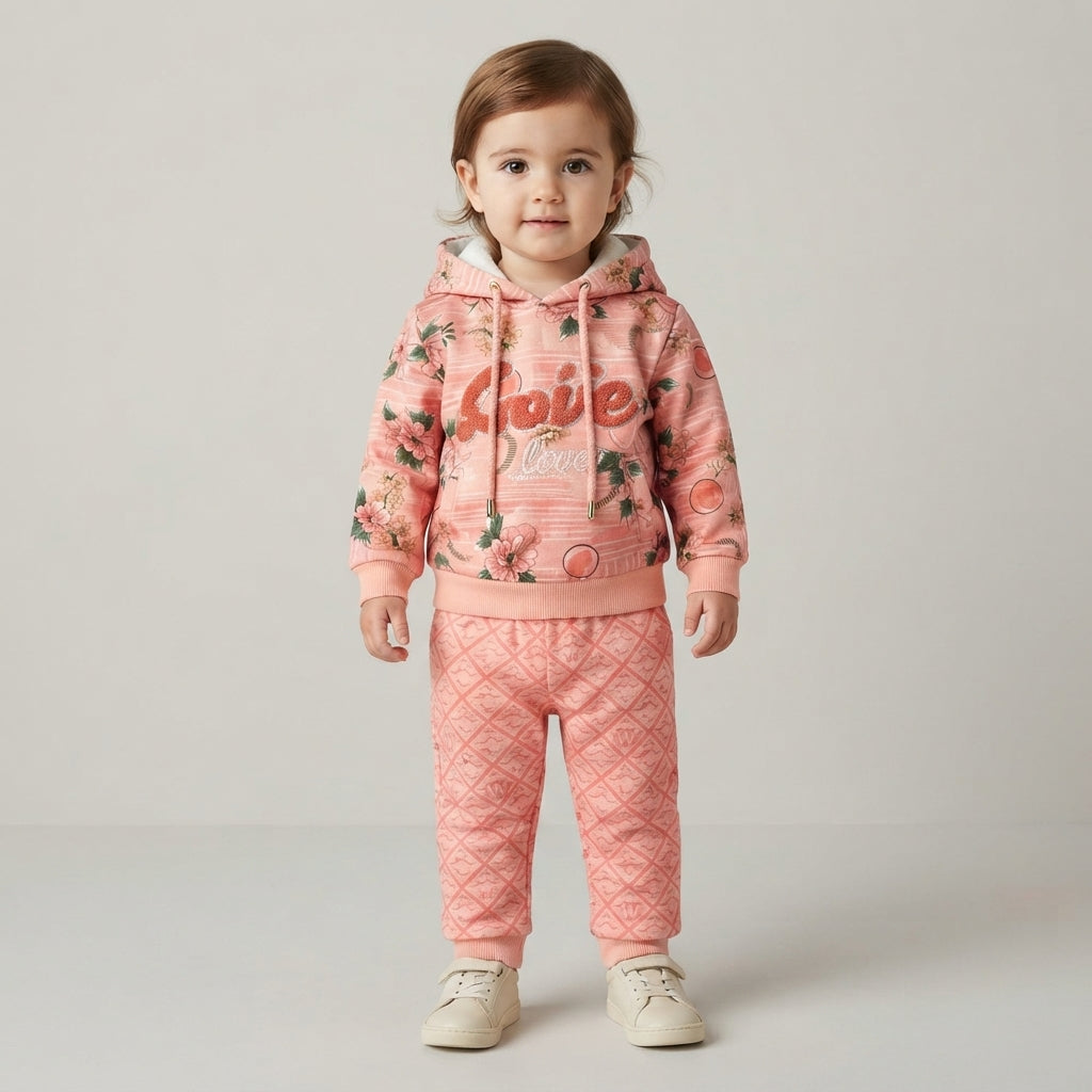 Girls Peach Floral Appliqué Hoodie Set