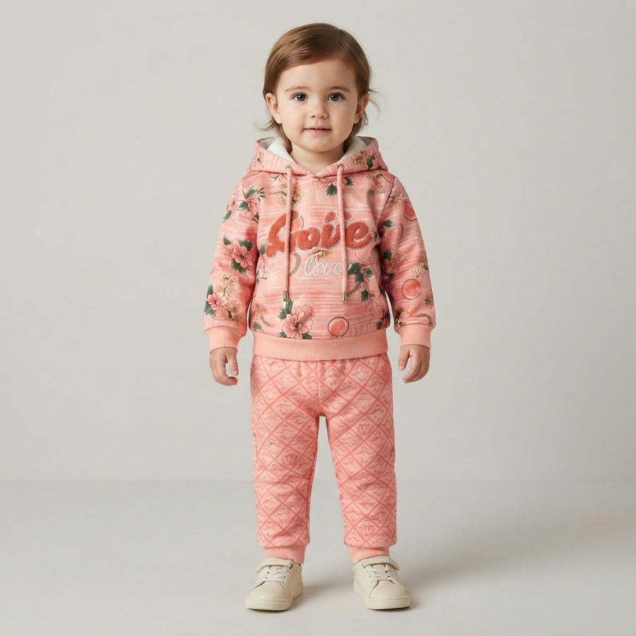 Girls Peach Floral Appliqué Hoodie Set