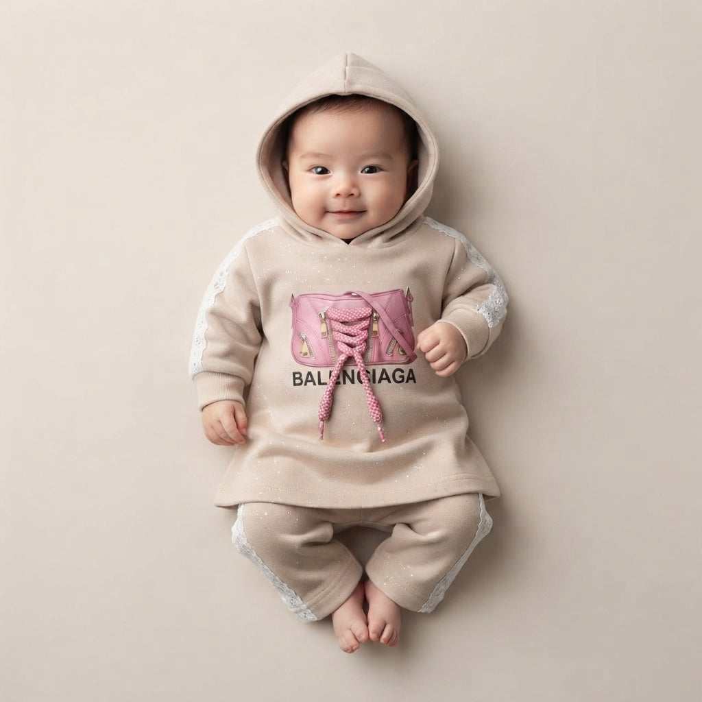 Baby Girl Skin-Tone Designer Style Hoodie & Track Pant Set - Newborn Winter Outfit