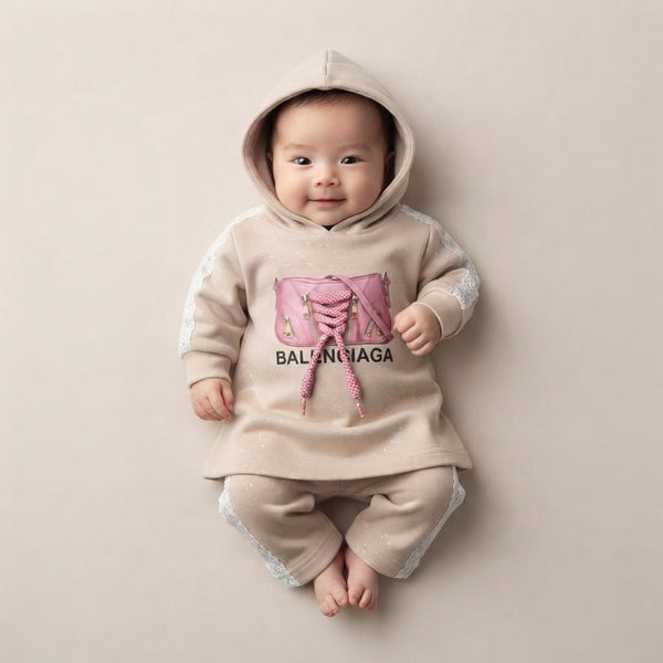 Baby Girl Skin-Tone Designer Style Hoodie & Track Pant Set - Newborn Winter Outfit