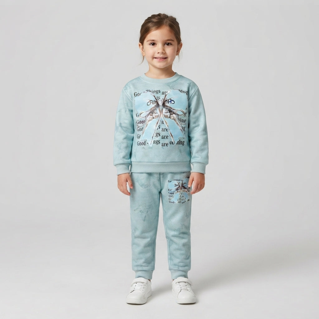 Little Girl in Light Blue Graphic Sweatshirt and Jogger Set