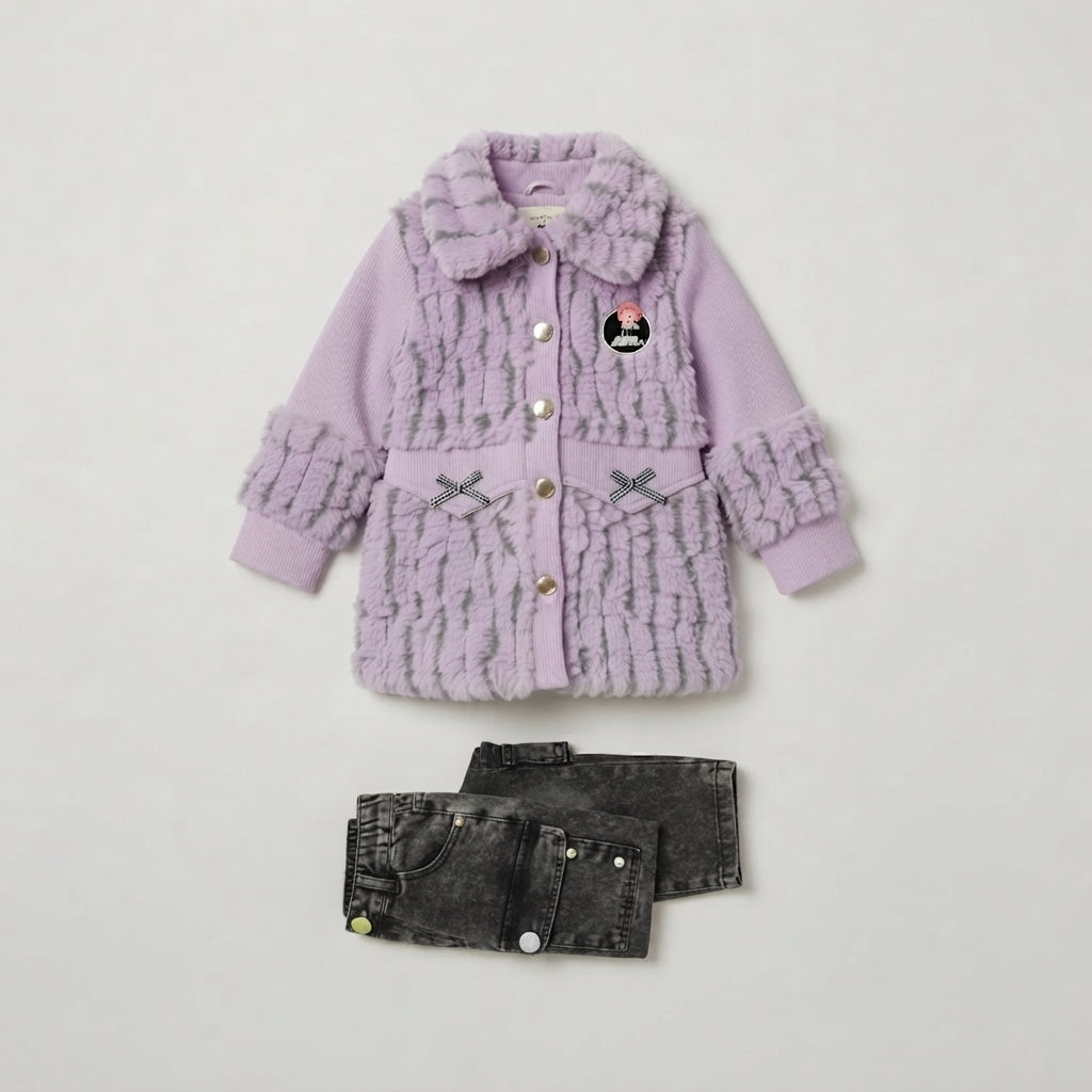 Girls Purple Fux-Fur Coat & Acid-Wash Cargo Pants Set — Photo 2