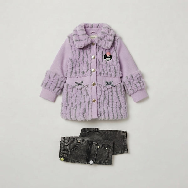 Girls Purple Fux-Fur Coat & Acid-Wash Cargo Pants Set — Photo 2