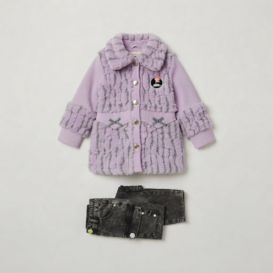 Girls Purple Fux-Fur Coat & Acid-Wash Cargo Pants Set — Photo 2