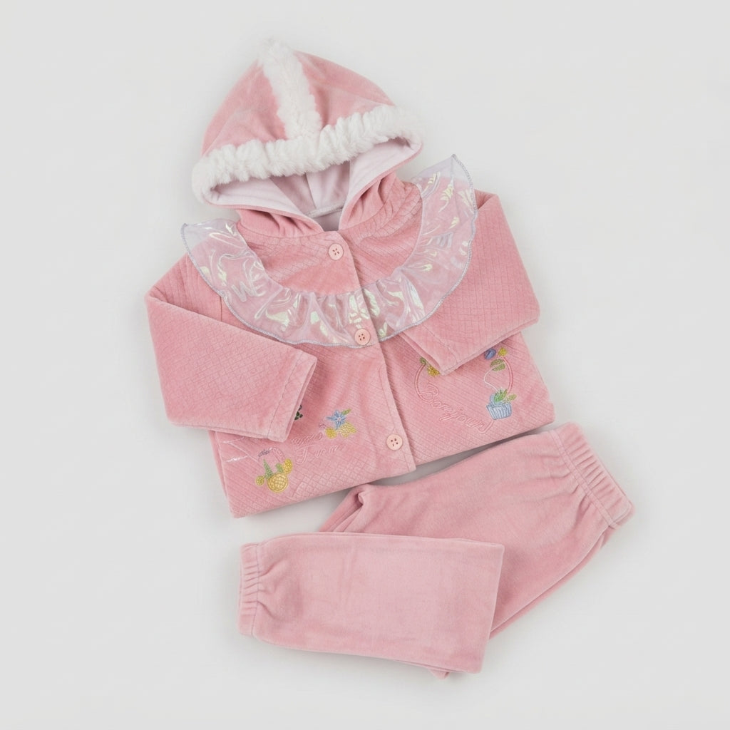 Baby Girl Pink Quilted Velvet Hoodie Set — Photo 2