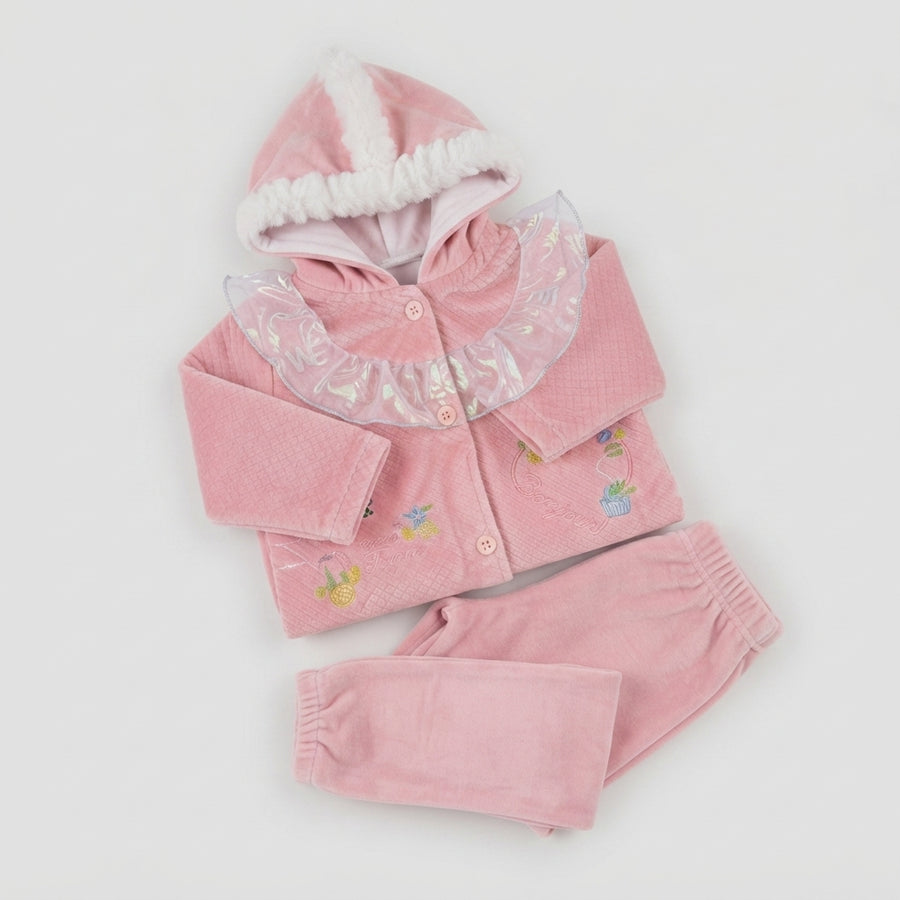 Baby Girl Pink Quilted Velvet Hoodie Set — Photo 2