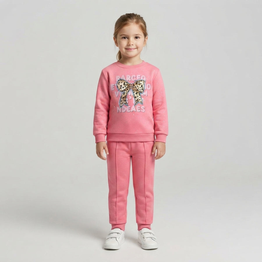 Girls Pink Leopard Print Bow Sweatshirt & Joggers Set