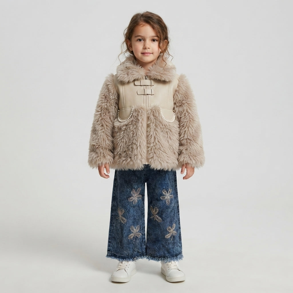 Girls Beige Faux Fur & Floral Denim Set