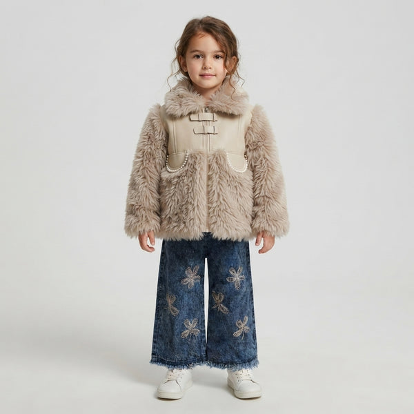 Girls Beige Faux Fur & Floral Denim Set