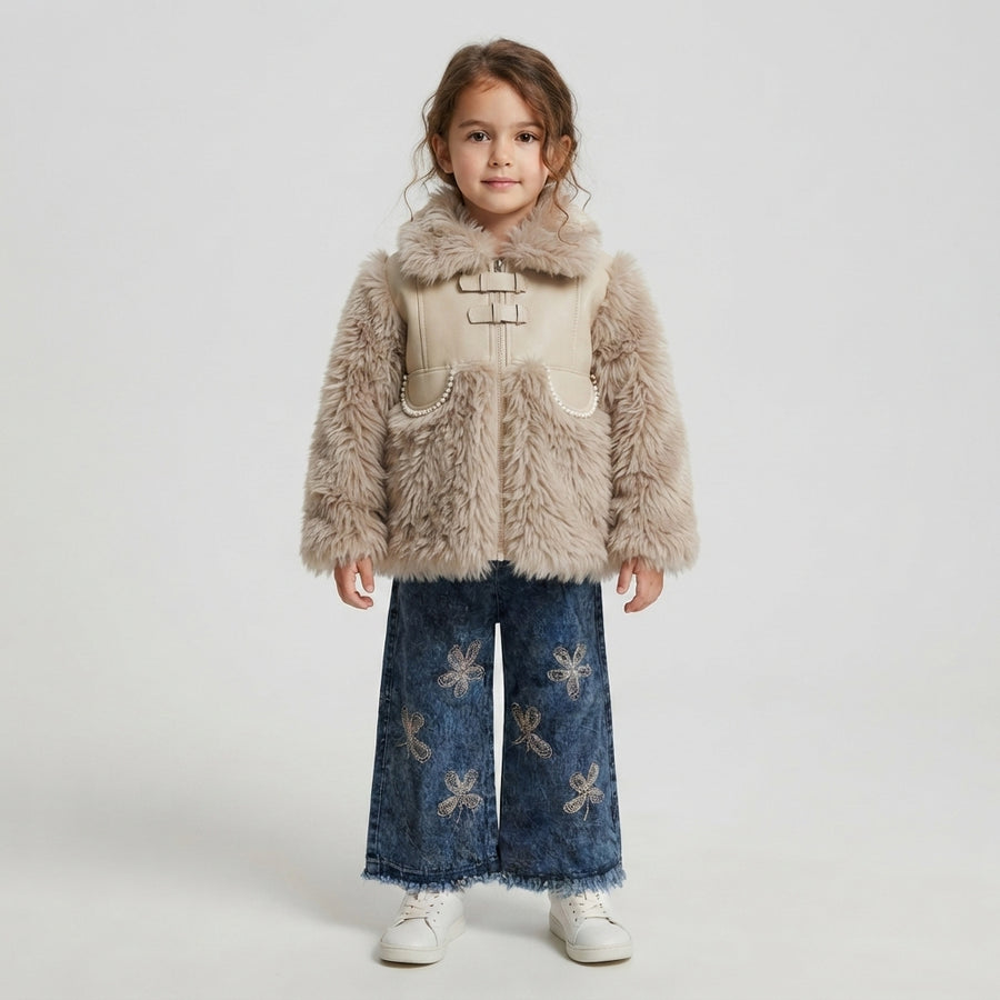 Girls Beige Faux Fur & Floral Denim Set