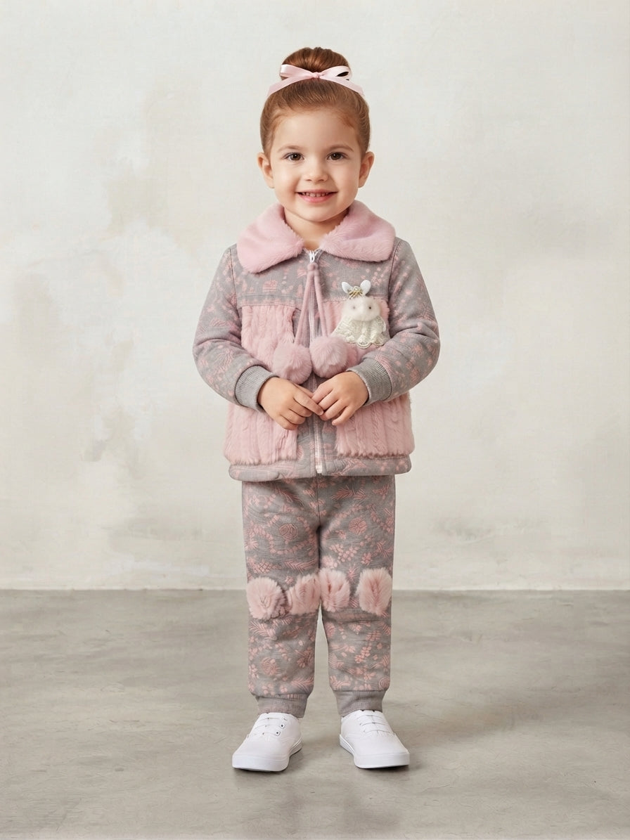 Girls' Floral Winter Jacket and Trouser Set with Faux Fur Accents & Cute Bunny Appliqué