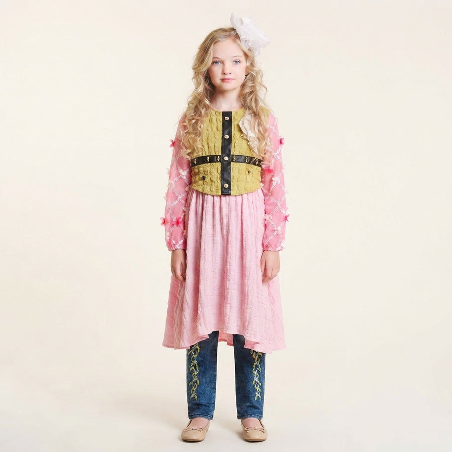 Pink and Pistachio Green Frock for Girls, Stylish Kids Party Wear Dress