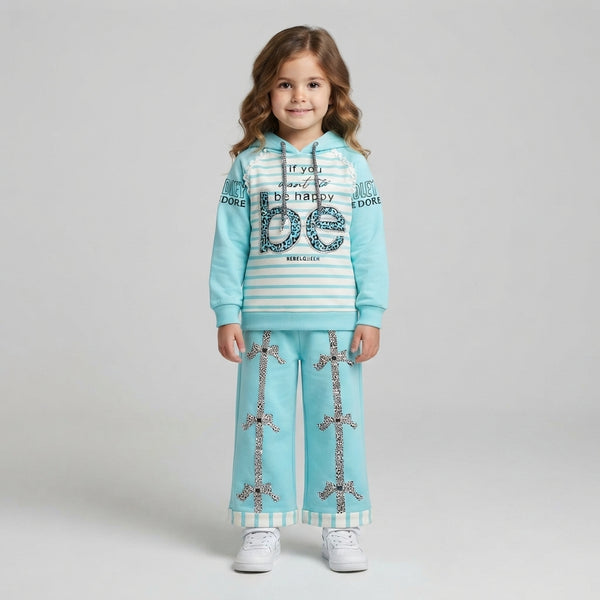 Girls Sky Blue Striped "Be Happy" Hoodie and Bow-Accent Trouser Set