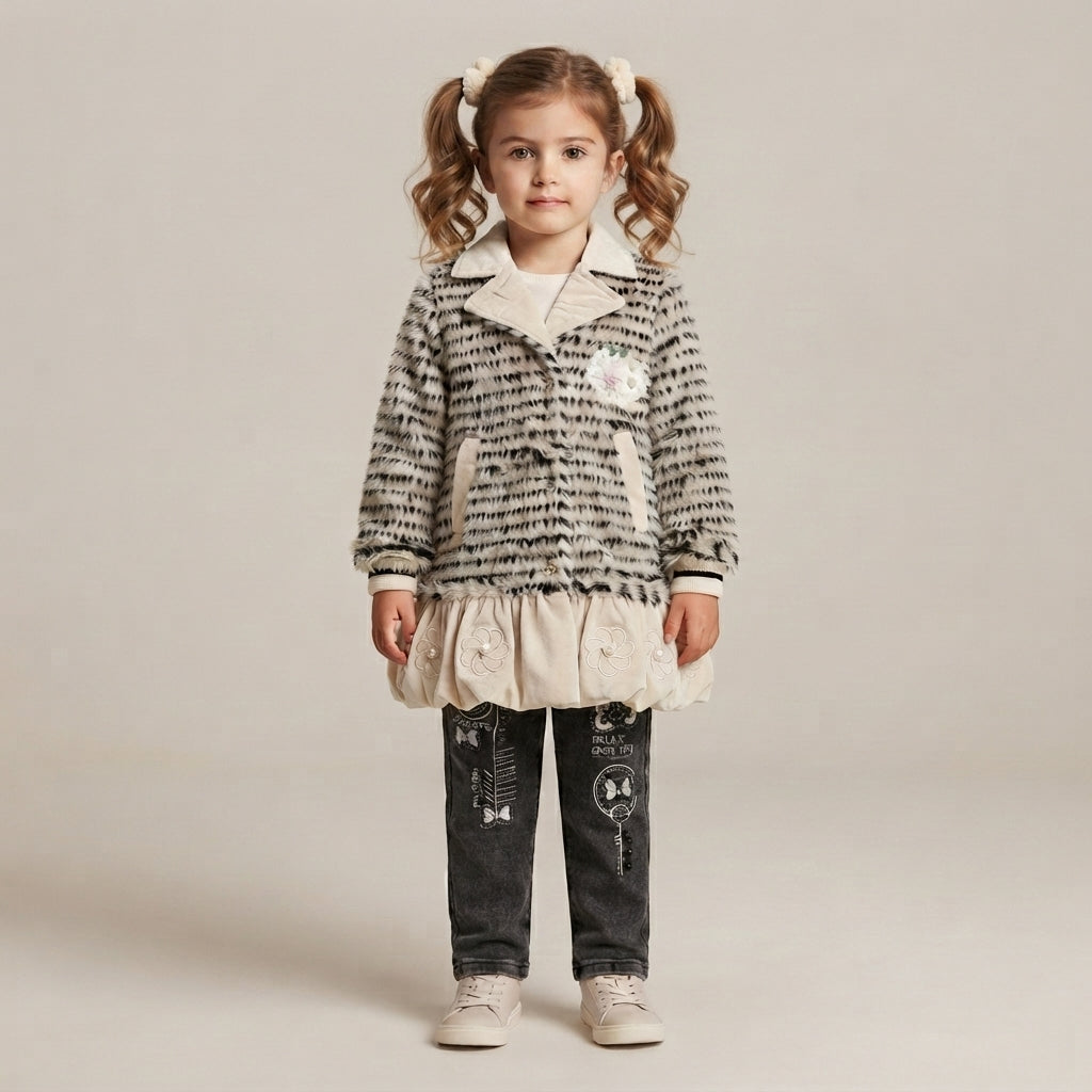 Toddler Girls' Luxury Faux-Fur Animal Print Coat & Graphic Embroidered Jeans Set